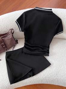 Elamini Conjunto de 2 piezas de camiseta con cuello y fruncido casual y falda A-line bordada, azul marino, para primavera y verano - Negro - Ver 2
