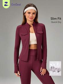 OutZeal Chaqueta deportiva para mujer, chaqueta con cremallera ajustada y de secado rápido para gimnasio y entrenamiento, con múltiples bolsillos - Burdeos - Ver 1