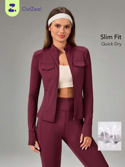 OutZeal Women Sports Jacket Gym Workout Quick-Dry Slim Fit Zip Up Jacket With Multi Pockets