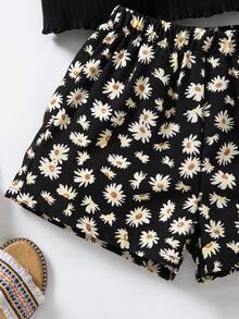 SHEIN 2pcs/Set Kaos Kasual Kerah Bulat Bergaris untuk Anak Perempuan dan Celana Pendek Motif Bunga Daisy - Hitam - View 6