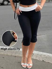 Muchica Plus Size Women's Black & White Patchwork Capri Pants With Side Slit - Black and White - View 1