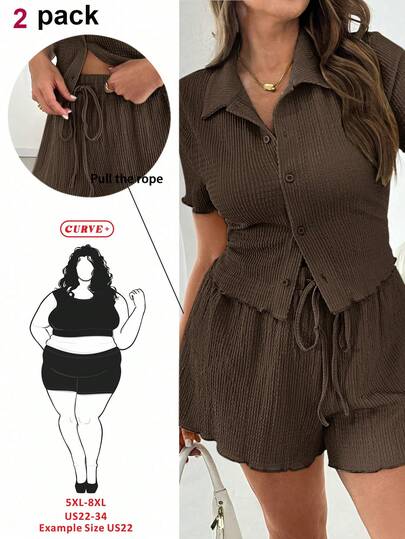 SHEIN CURVE+ Plus Size Summer 2-Piece Set, Summer 2-Piece Shorts Set, Back To School Girl Outfit, Women 2-Piece Y2K Concert Outfit, 2-Piece Set, Women Casual Holiday 2-Piece Thin Brown Suit