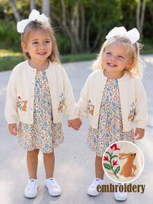 SHEIN Baby Girl Long Sleeve Cardigan Sweater,Beige,Autumn,Cute,Matching Family,Adorable Animal Pattern,Apricot Color,Ribbed Cuffs,Casual Daily & Holiday - Apricot - View 5