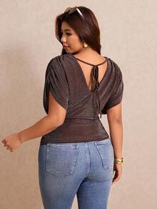 Elaquor Plus Size Women's Comfortable Casual Elegant Vacation Textured Fabric Ruched V-Neck Short Sleeve Elastic Waist Slimming T-Shirt, Spring/Summer - Coffee Brown - View 2