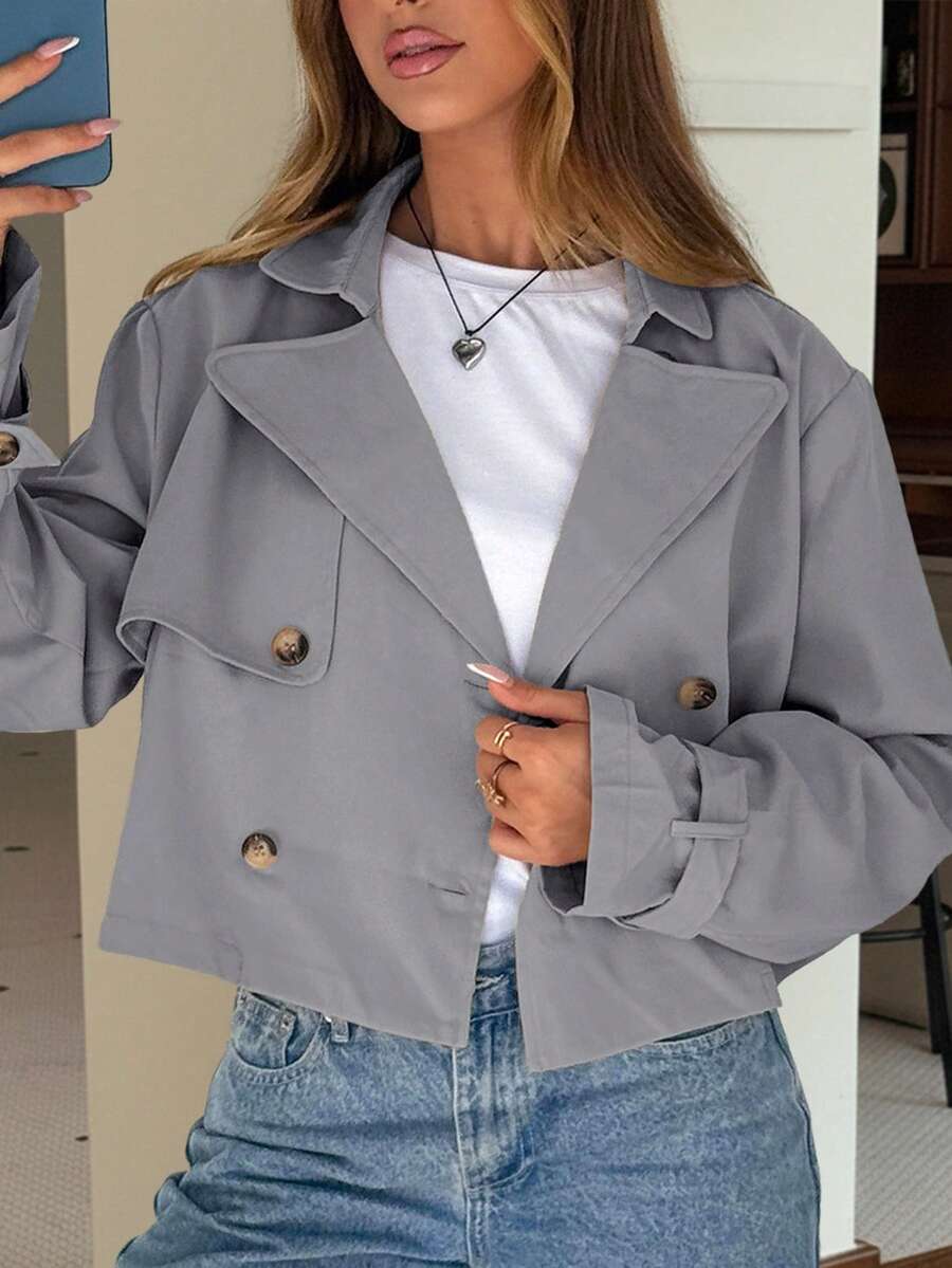 SHEIN EZwear 浅灰色女士翻领长袖双排扣外套 - 淺灰色 - 查看 1