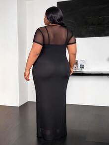 CurvyTilda Plus Size Women's Round Neck Mesh Panel Short Sleeve Dress With Colorblock Design - Black - View 2