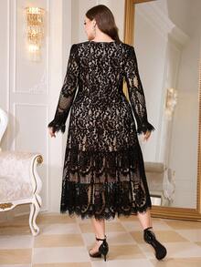 Reflora Plus Size Women Elegant French Lace Patchwork Sheer Evening Dress Fall - Black - View 2