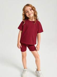 Conjunto de top de hombros caídos rojos y shorts de ciclista para niña, verano - Multicolor - Ver 2