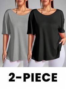 SHEIN Velisys Plus Size Women's Solid Color Sports Backless Short Sleeve T-Shirt - Multicolor - View 3