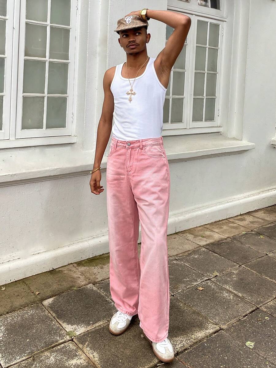 Ngobest Haus Ngobest Haus Herren Jeans mit weitem Bein und Reißverschluss Detail im Pink Denim-Stil für den Street Casual-Stil, Pink Jeans für Herren, Baggy-Jeans, Y2k-Harajuku-Hose - Pink - Übersicht 1
