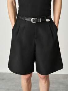 STYNVO Quần short dáng rộng, cạp xếp ly, màu trơn, túi xéo, kiểu dáng thường ngày. - màu đen - Xem 4