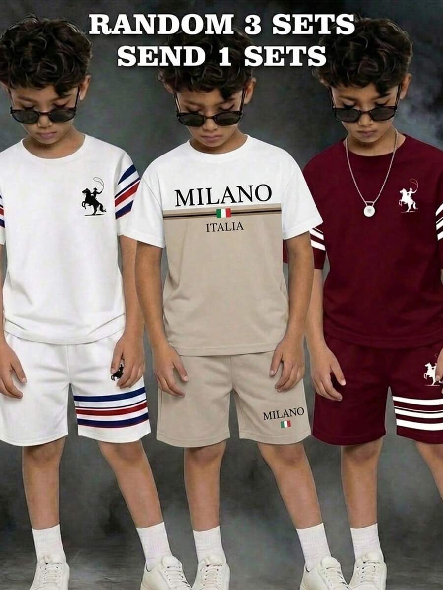 青少年男童休闲舒适简约圆领短袖T恤和短裤套装