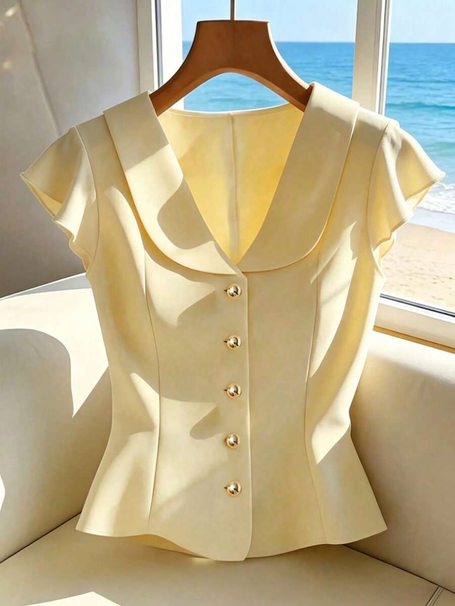 Franclia Blusa elegante da donna con collo a scialle, maniche corte, monopetto, di colore unito, adatta per l'ufficio e la vita quotidiana, per l'estate - Giallo - Visualizzare 1