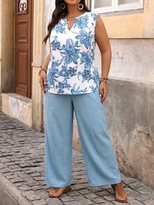 SHEIN VCAY Plus Size Vacation Solid Color V-Neck Shirt And Floral Print Pants 2-Piece Set - Multicolor - View 4