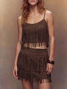 Fembélia Women's Vacation Solid Color Tassel Camisole And Mini Skirt 2 Pieces Set Dark Brown Summer Boho 70s Retro 2000s Night Out Party Rave - Brown - View 1