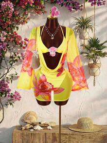 Amplova Women's Floral Print Mesh Avant-Garde Mini Set, Backless Sheer Details, Pastal, Autumn, Casual Sexy, Beach Golf, Holiday Vacation - Yellow - View 8