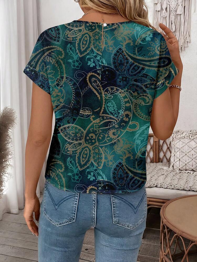 Plus Size Women Summer Casual Vacation Country Vintage Paisley Print Floral Print Tie Hem Blouse Shirt Top,Country Concert Outfit,Festival Outfits For Women,Festa Junina