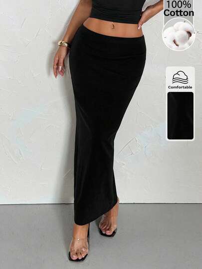 SHEIN PETITE Women's 91% Cotton Black Knit Tight-Fit Skirt - Versatile Basic Piece For Going Out, Retro Vintage Y2K Streetwear, Gen Z, Back To School, Hip-Hop, Club, Gym, Sports, Gen Z & Western Festivals
