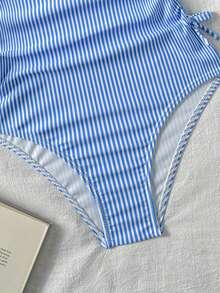 SHEIN Tween Girl Blue & White Striped Print Ruched Bust One-Piece Swimsuit - Blue and White - View 7
