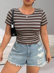 Solflare New Coffee-Colored Striped Ribbed Knit T-Shirt, Comfortable Soft Elastic Plus Size With Gathered Waist To Flatter Waistline, Suitable For Outdoor, Casual, Party, Commute, Music Festival, Thanksgiving, Mother's Day, Back To School, Graduation, Beach Vacation, High Street, Home Wear, Store Visiting, City Walk, Multi-Occasion Wear, Can Be Worn As Outerwear Or Layering - Multicolor - View 3