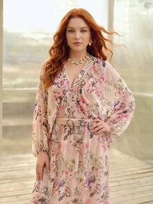 MOTF PREMIUM BLUSA CON ESTAMPADO FLORAL ROMÁNTICO PARA MUJER TALLA GRANDE, PRIMAVERA/VERANO - Rosa - Ver 8