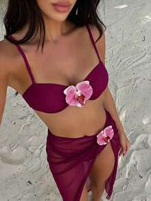 Sirith Bộ 3 món Xuân/Hè: Áo camisole nâng ngực có gọng màu trơn, quần bơi cắt cao và chân váy lưới dài, bộ đồ bơi đi biển cho nữ - Màu Đỏ Sâu - Xem 1