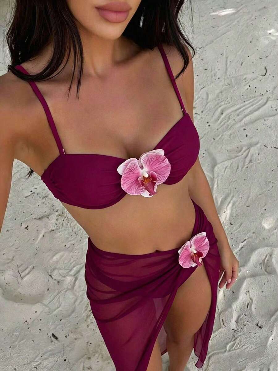 Sirith Bộ 3 món Xuân/Hè: Áo camisole nâng ngực có gọng màu trơn, quần bơi cắt cao và chân váy lưới dài, bộ đồ bơi đi biển cho nữ - Màu Đỏ Sâu - Xem 1