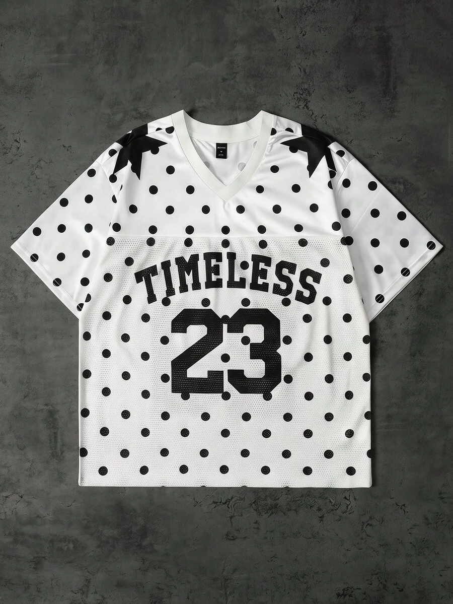 ROMWE MEN Prep Men's Polka Dot Sports T-Shirt, Mesh Fabric Patchwork, Short Sleeve, Summer - White - View 1