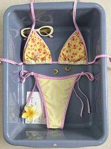 Sweetra Women's Casual Vacation Striped Sexy Halter Bikini Two Pieces Swimsuit Cheetah Print Gingham Trim Bikini Vacation Bikini Floral Bikini Tanning Summer - Multicolor - View 5
