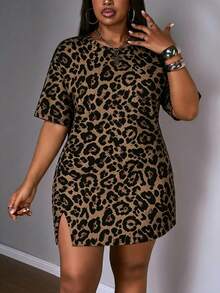Slaydiva Plus Size Leopard Print Round Neck Short Sleeve Summer Dress, Suitable For Party - Multicolor - View 5
