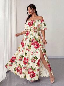 Elenzga Plus Size Women's Beige Summer Boho Vacation Wedding Guest Holiday Floral Print Off-Shoulder Ruffle Waist Pleated Maxi Dress For Dates - Multicolor - View 6