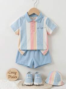 Cozy Pixies 2件套男婴休闲学院风舒适实用宽松条纹柔软棉质polo衫和蓝色短裤套装，适合日常、上学、度假、派对穿着，春夏季节适用。 - 藍色 - 查看 1