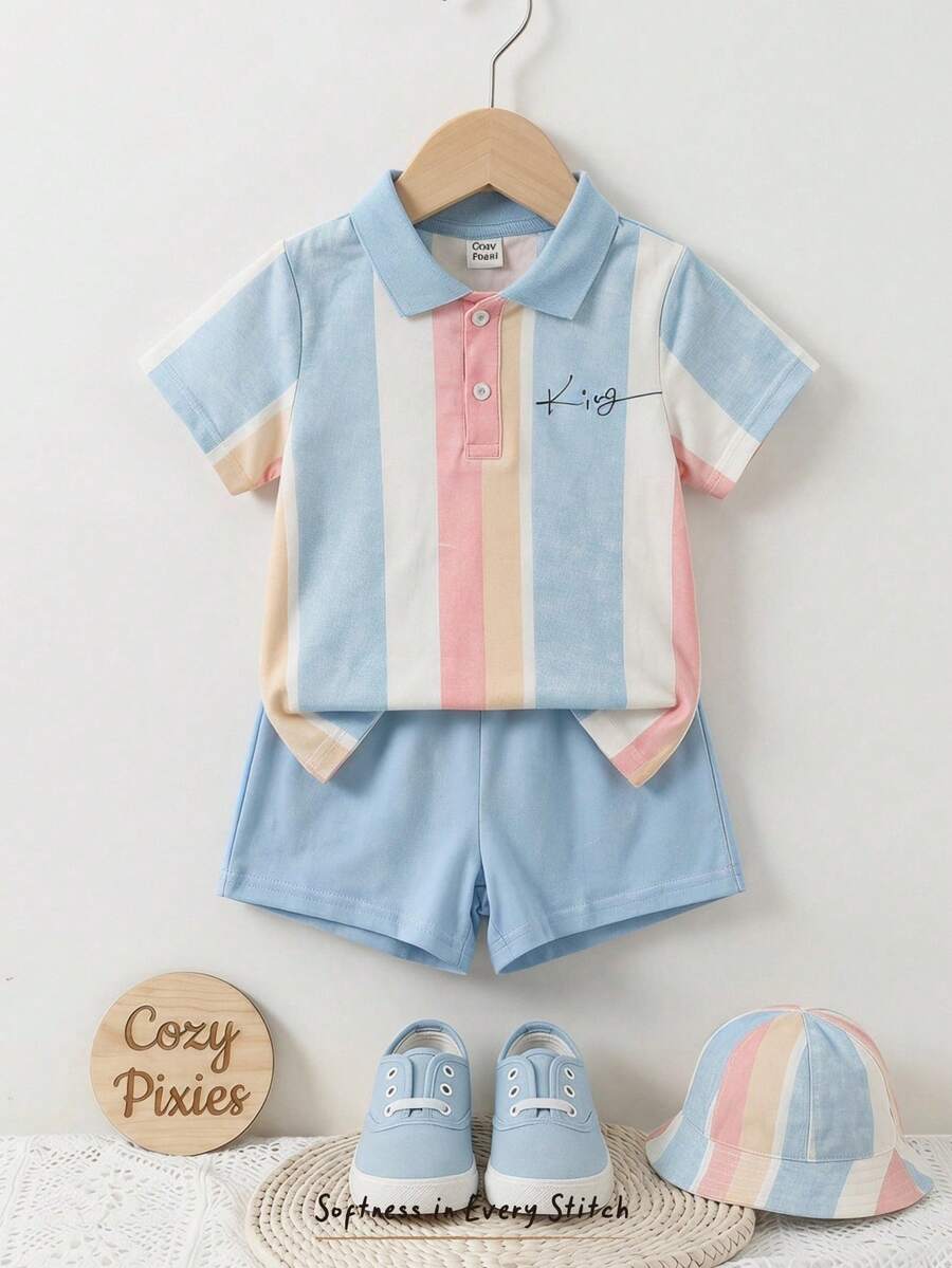 Cozy Pixies 2件套男婴休闲学院风舒适实用宽松条纹柔软棉质polo衫和蓝色短裤套装,适合日常、上学、度假、派对穿着,春夏季节适用。 - 藍色 - 查看 1