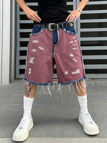 PAVTROS Celana Pendek Bermuda Denim Kasual Longgar Berpotongan Lebar dengan Detail Sobek dan Anyaman untuk Pria, Warna Merah Muda Pucat untuk Liburan Musim Panas - MultiWarna - View 3
