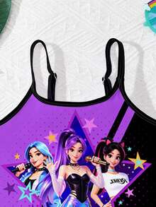 1件少女休閒極簡卡通女孩肖像泳衣，鮮豔紫與黑色圖案，適合K-Pop超級巨星，夏季 - 彩色 - 查看 4