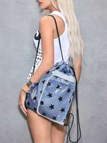 ROMWE Anime Simple Star Printing Lace Trimmed Transparent Zipper Pocket Large Capacity Multi-Functional Dark Gray Drawstring Backpack, Cute Animation Style, Suitable For School, Commuting, Daily Leisure Use, Very Cute - Dark Grey - View 5