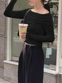 DAZY Women's Plain Off-Shoulder T-Shirt Long Sleeve Women Tops - Black - View 5