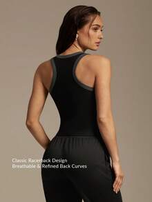 Silquee Áo tank top thể thao mùa hè ôm sát, cổ tròn, viền tương phản - màu đen - Xem 3