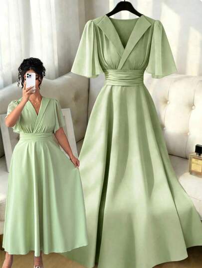 Elenzga Plus Size Women's Collared Solid Color Chiffon Ruffle Sleeve Cinched Waist Flared Hem Elegant Dress For Outing And Party