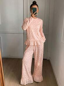 DAZY 2pcs Sweet Ditsy Floral & Embroidery Ruffle Trim Pajama Set For Women, Summer - Pink - View 1