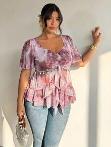 Firerie Plus Size Women Sweetheart Collar Pleated Ruffle Hem Blouse - Pink - View 6