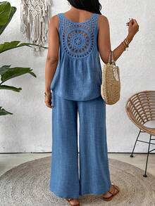Breezaya Plus Size Women 2pcs Set Hollow-Out Vest And Loose Pants - Blue - View 2