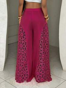 SHEIN BamGlam Women's Solid Color Hollow Out Casual Versatile Wide Leg Pants For Daily Wear - Hot Pink - View 2