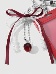 ROMWE Kawaii 1pc Stylish Gothic Silver Beaded CCB Ribbon Bowknot & Heart Adjustable Lanyard ID Card Holder Charm Keychain, Suitable For Office Workers And Students, Perfect Gift Valentines, Halloween - Red-91 - View 10