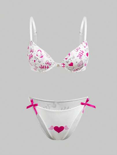 Chillnights HELLO KITTY AND FRIENDS | SHEIN 2pcs Set Underwire Padded Bra, Lift & Enhance, High Support, Front Closure, Sweet Floral Print Ladies Lingerie Set