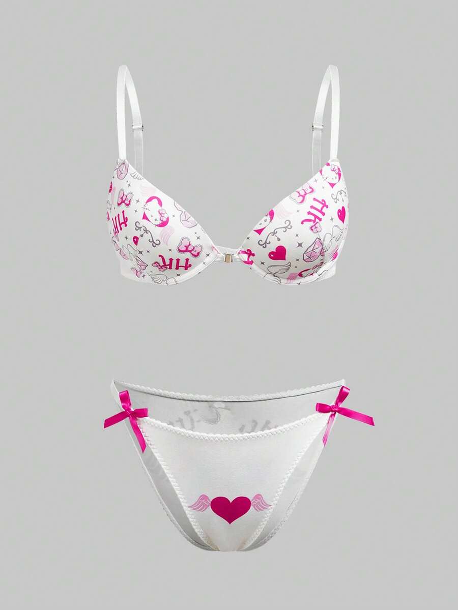 Chillnights HELLO KITTY AND FRIENDS | SHEIN 2pcs Set Underwire Padded Bra, Lift & Enhance, High Support, Front Closure, Sweet Floral Print Ladies Lingerie Set - Pink - View 1