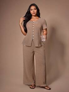 Lazeform Women's Casual Textured Striped Jacquard Round Neck Cardigan Short Sleeve Pants Pajama Set, Plus Size Lounge Brown Summer - Coffee Brown - View 6