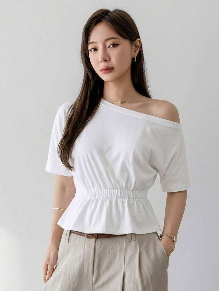 Women's Solid Color Minimalist Casual Asymmetric Neck T-Shirt Summer Business Casual Woman