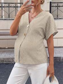 MaterniWear 孕妇夏季休闲条纹前开襟蝙蝠袖衬衫 - 卡其色 - 查看 3