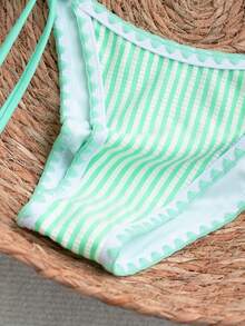 Swim Mod Bộ bikini nữ kẻ sọc xanh dễ thương, buộc dây, đồ bơi đi biển tươi mát cho kỳ nghỉ hè. - Màu xanh bạc hà - Xem 5